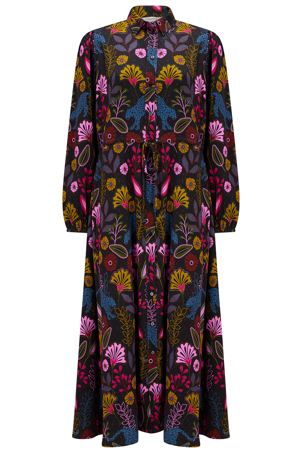 Colorful floral dress with long sleeves on a white background