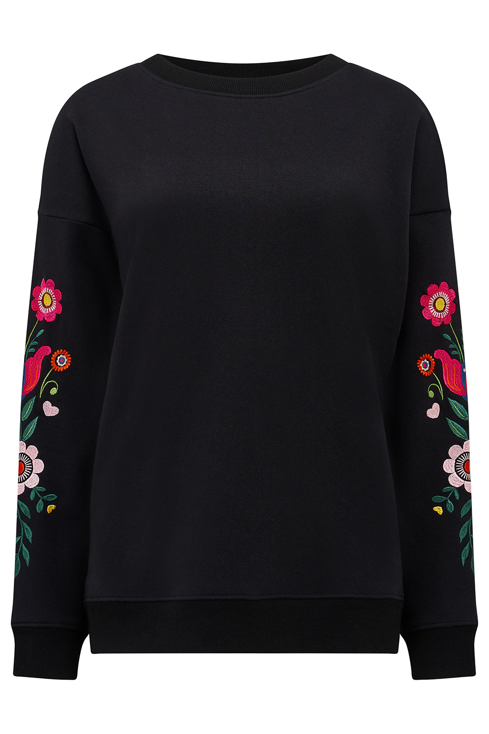 Black sweatshirt with floral embroidery on sleeves against a white background