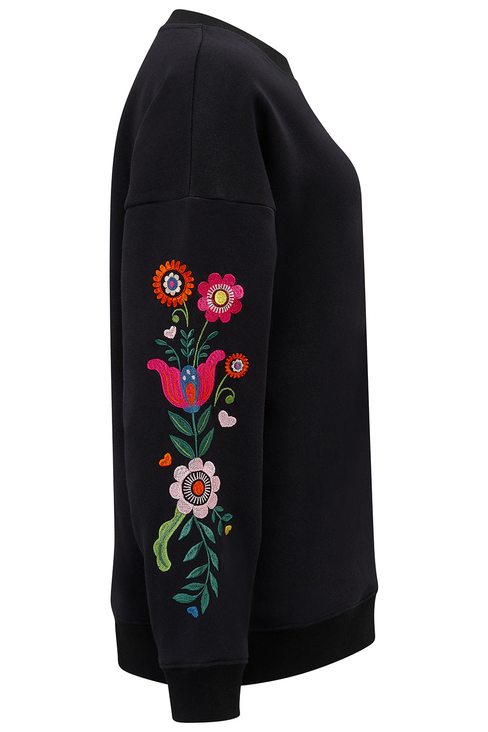 Black sweatshirt with colorful floral embroidery on a white background