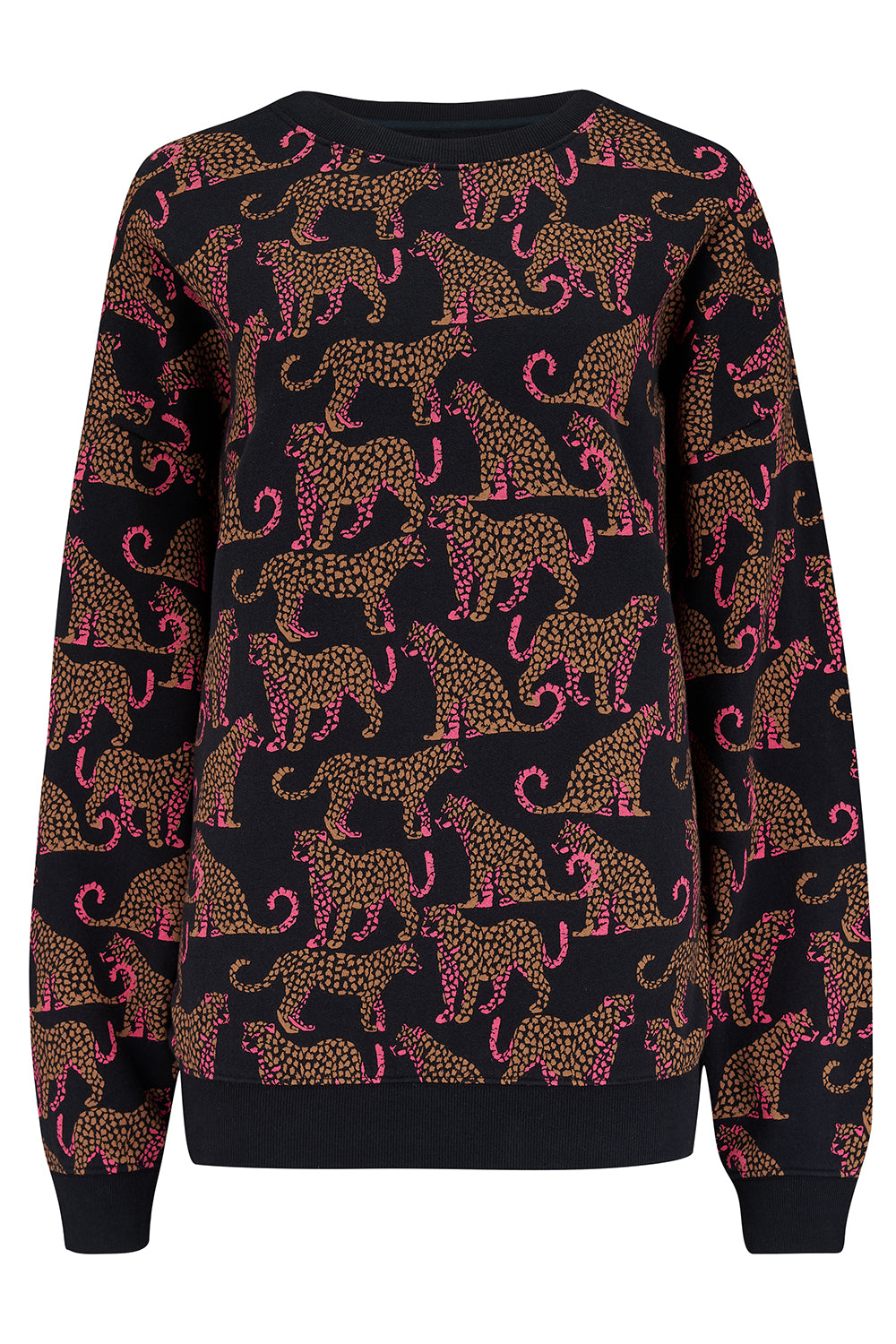 A black sweatshirt with a two-tone leopard print pattern, paired with black trousers.