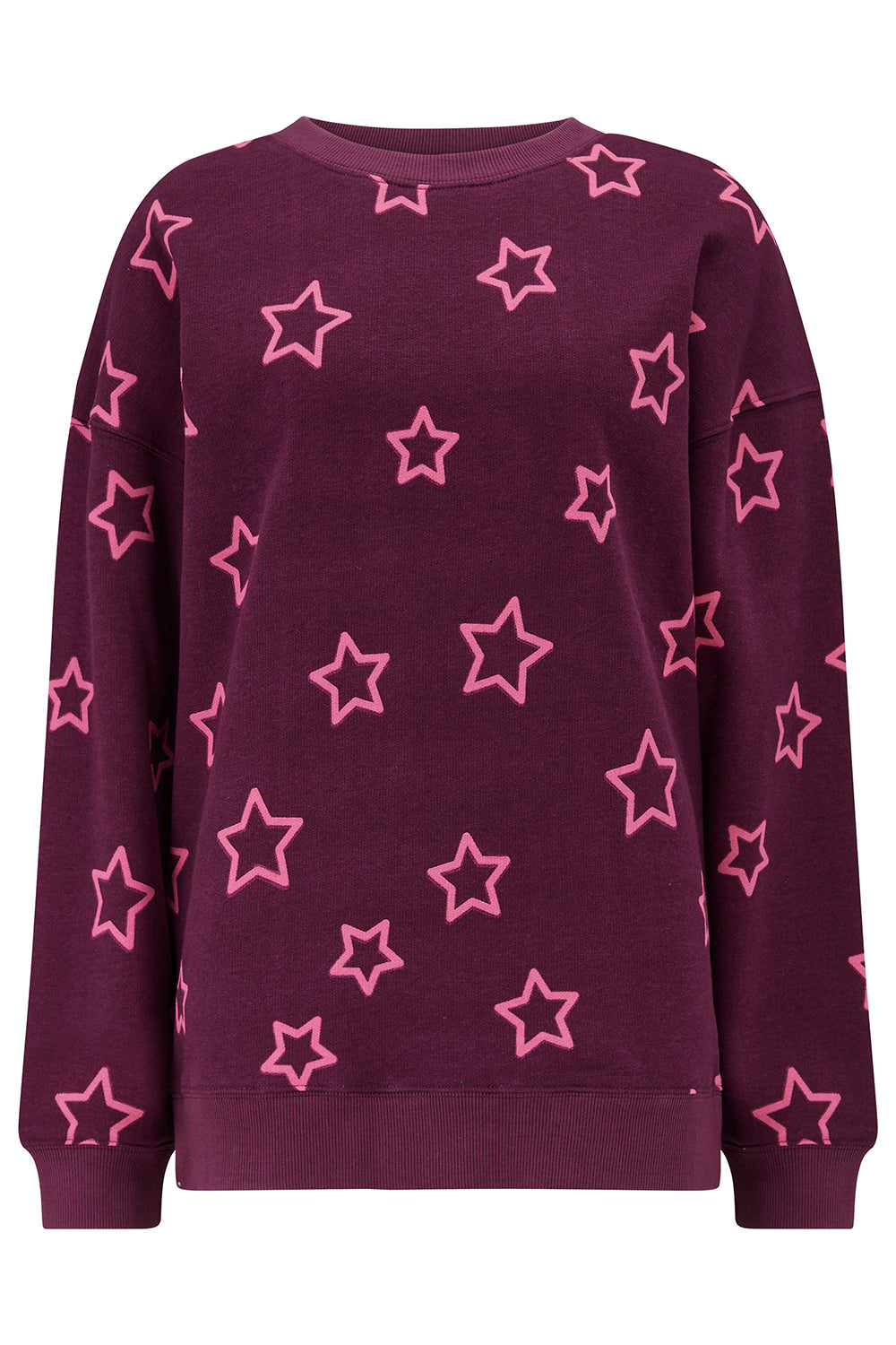 Purple sweatshirt with pink star patterns on a white background