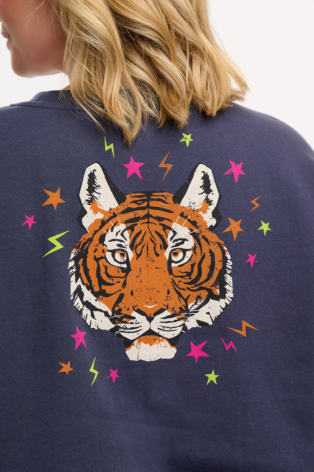 close up of tiger on sweatshirt 
