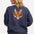 model wearing charcoal sweatshirt with large tiger motif