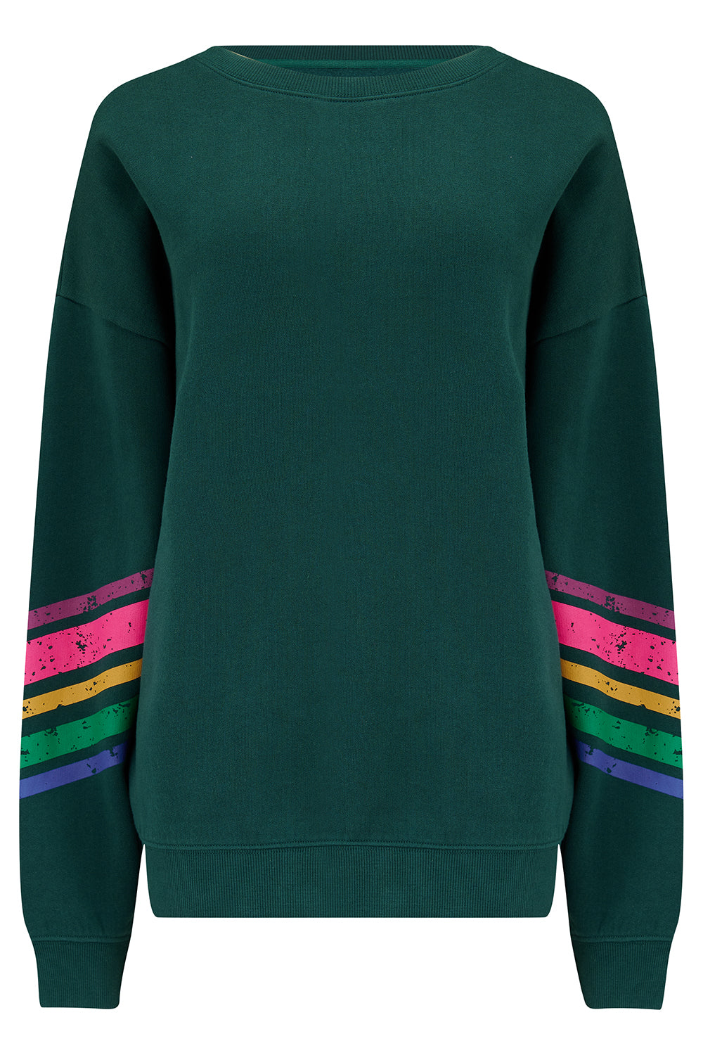 A dark green crew neck sweatshirt with colourful striped sleeves.
