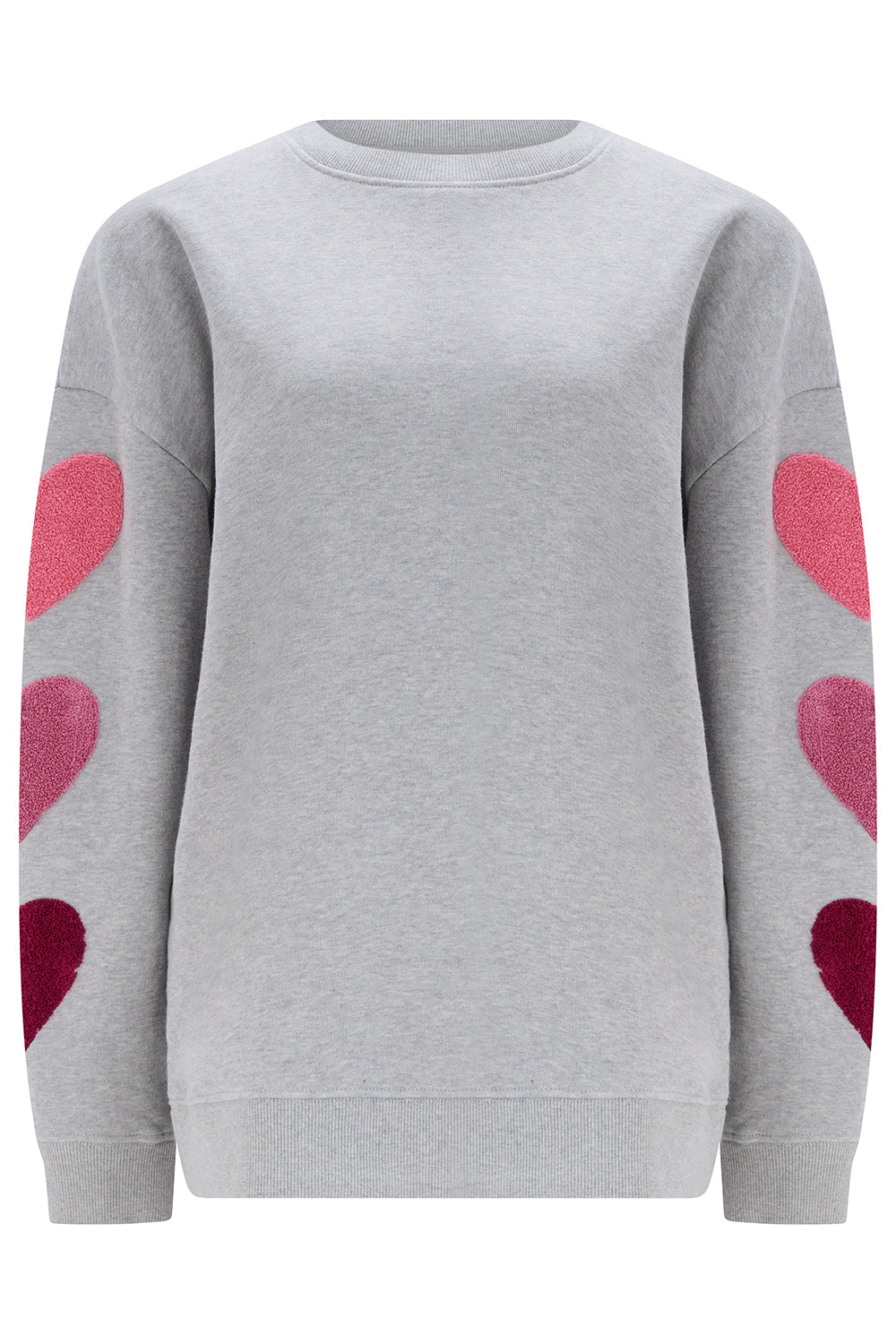 Gray sweatshirt with pink hearts on sleeves against a white background
