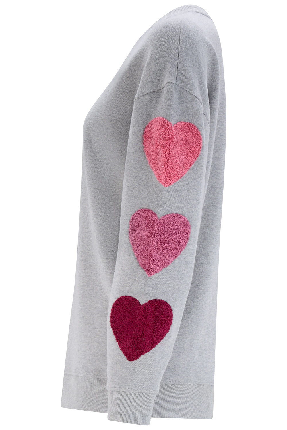 Gray long-sleeve top with pink heart designs on a white background