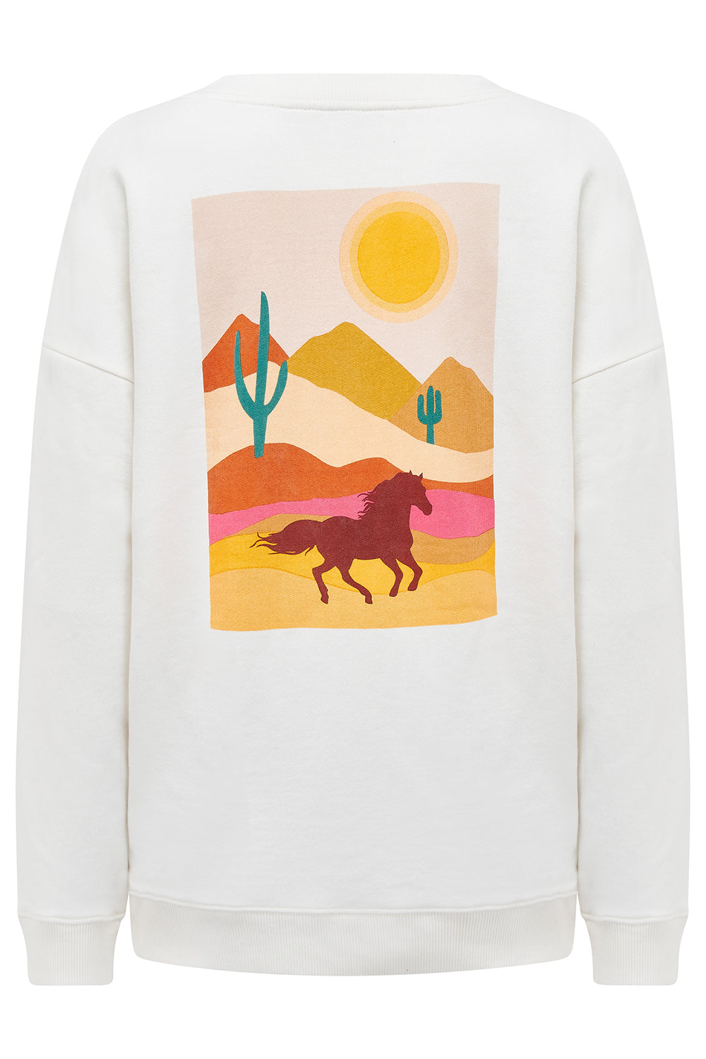 White sweatshirt with a desert landscape graphic featuring a horse on a white background