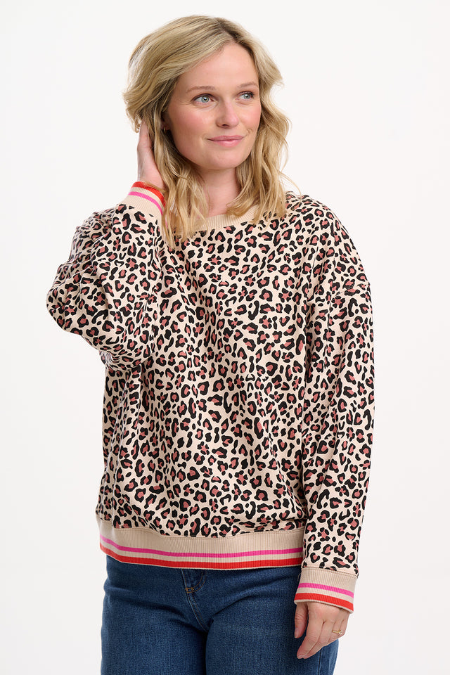 Sugarhill Brighton Eadie Relaxed Stone Sweatshirt with Classic Leopard Print and Retro Stripe