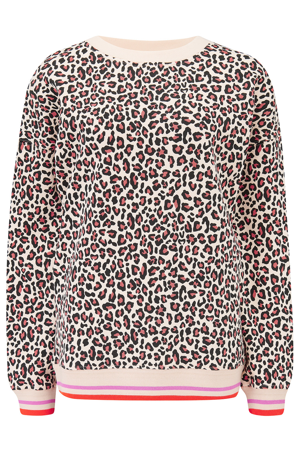 Sugarhill Brighton leopard print sweatshirt with pink and red accents on a white background