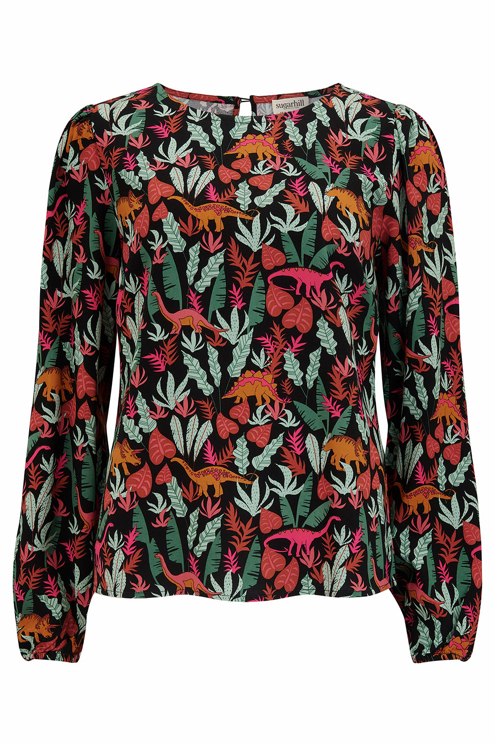 A long-sleeved blouse with a round neckline and a keyhole back fastening, featuring a colorful 'Lost Dinosaur' print with scenes of dinosaurs among foliage.