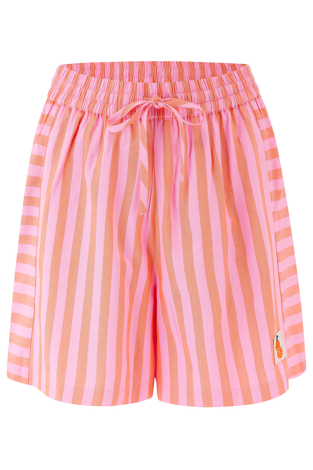 Pink and orange striped shorts on a white background