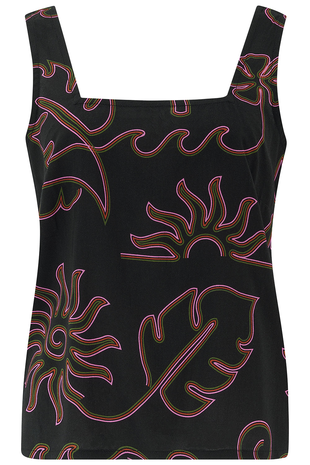 Black tank top with red and green abstract pattern on a white background