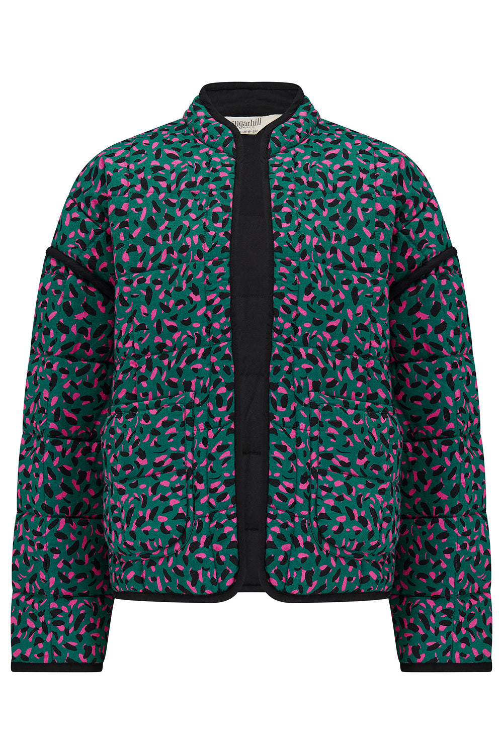 Patterned jacket with green and pink design on a white background