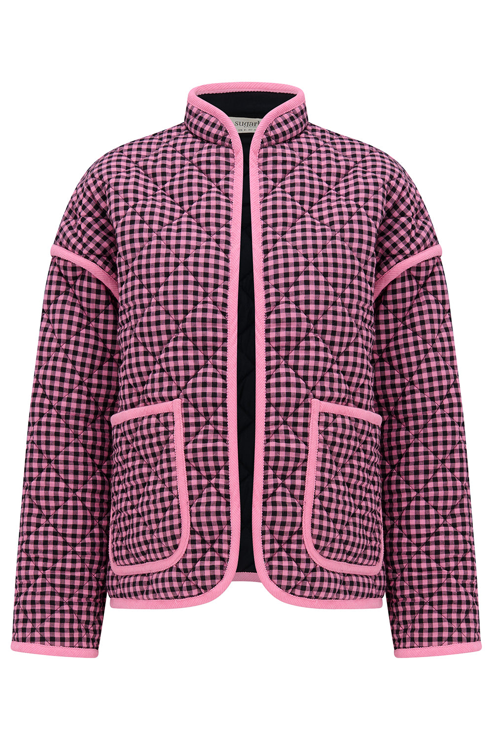 Pink and black checkered jacket with pink trim on a white background