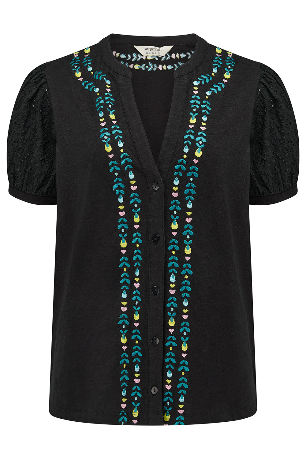 Black blouse with colorful embroidery on a white background