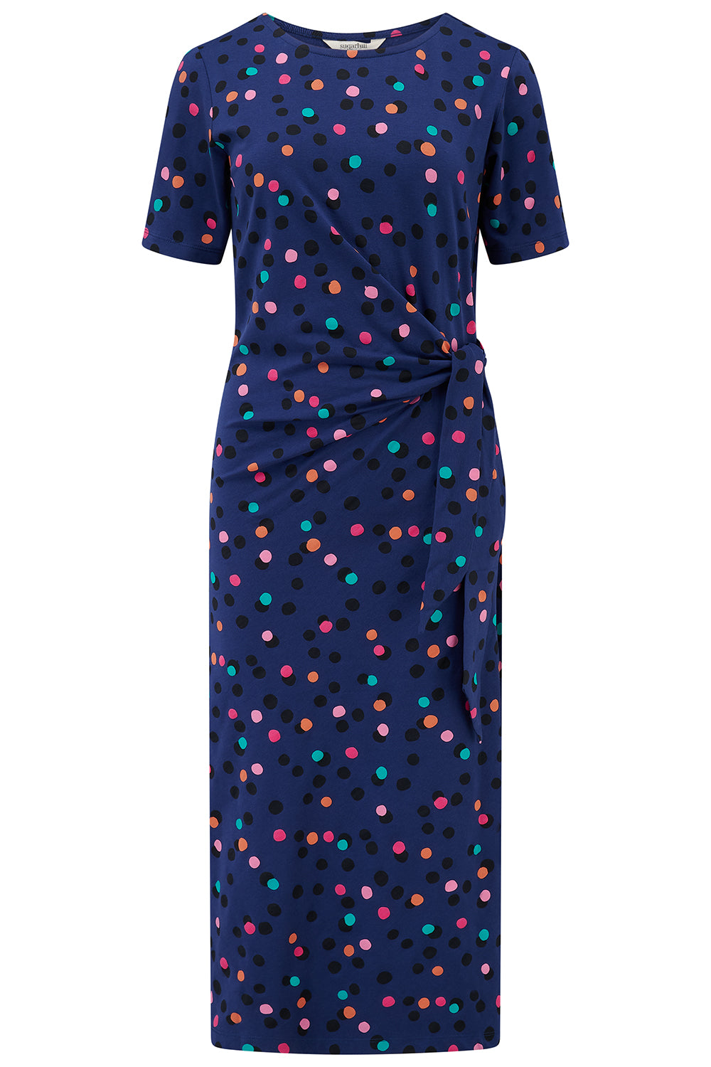Navy dress with multicolored polka dot pattern on a white background