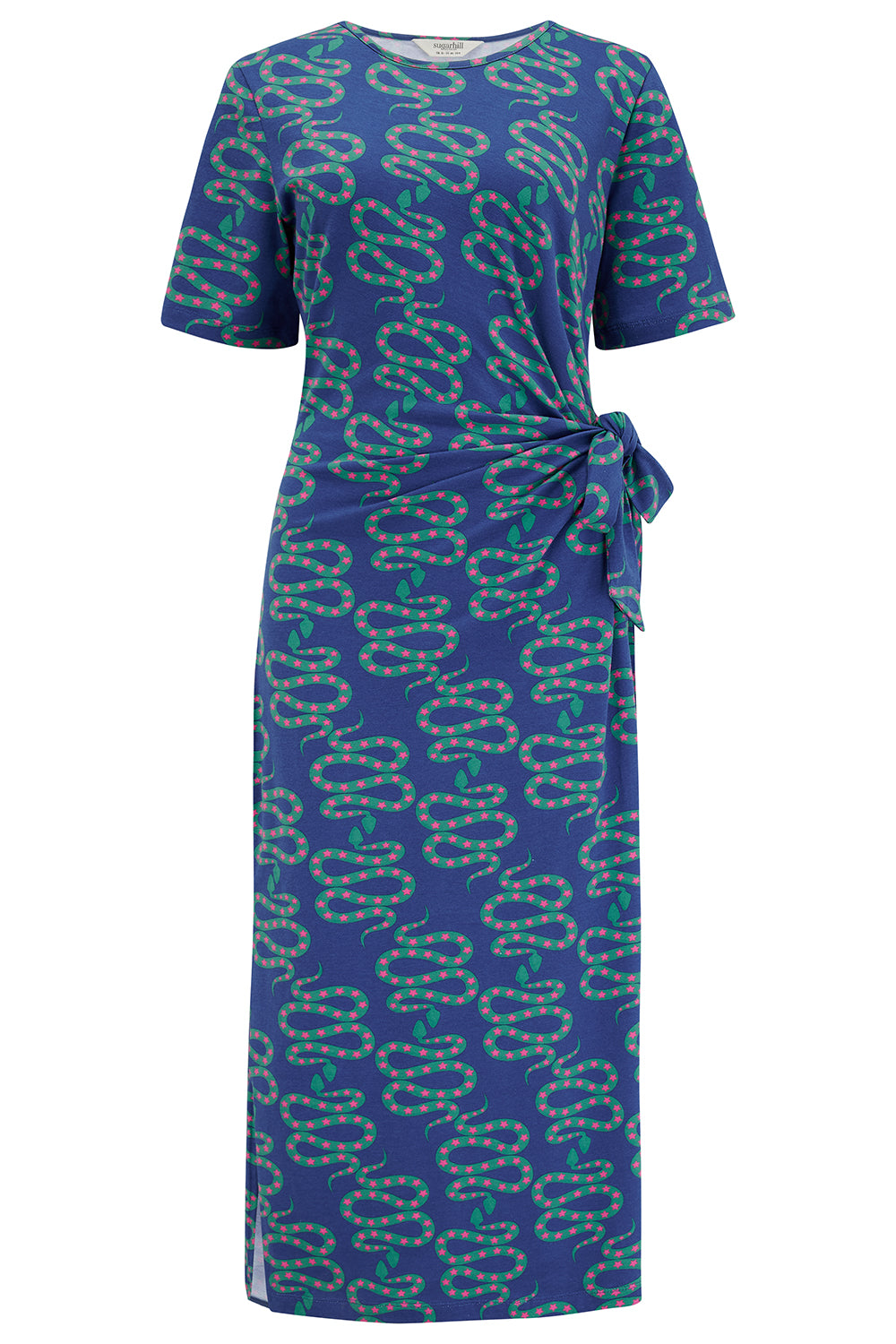 A bright navy blue jersey midi dress with a star and snake pattern, featuring short sleeves and side split hem.