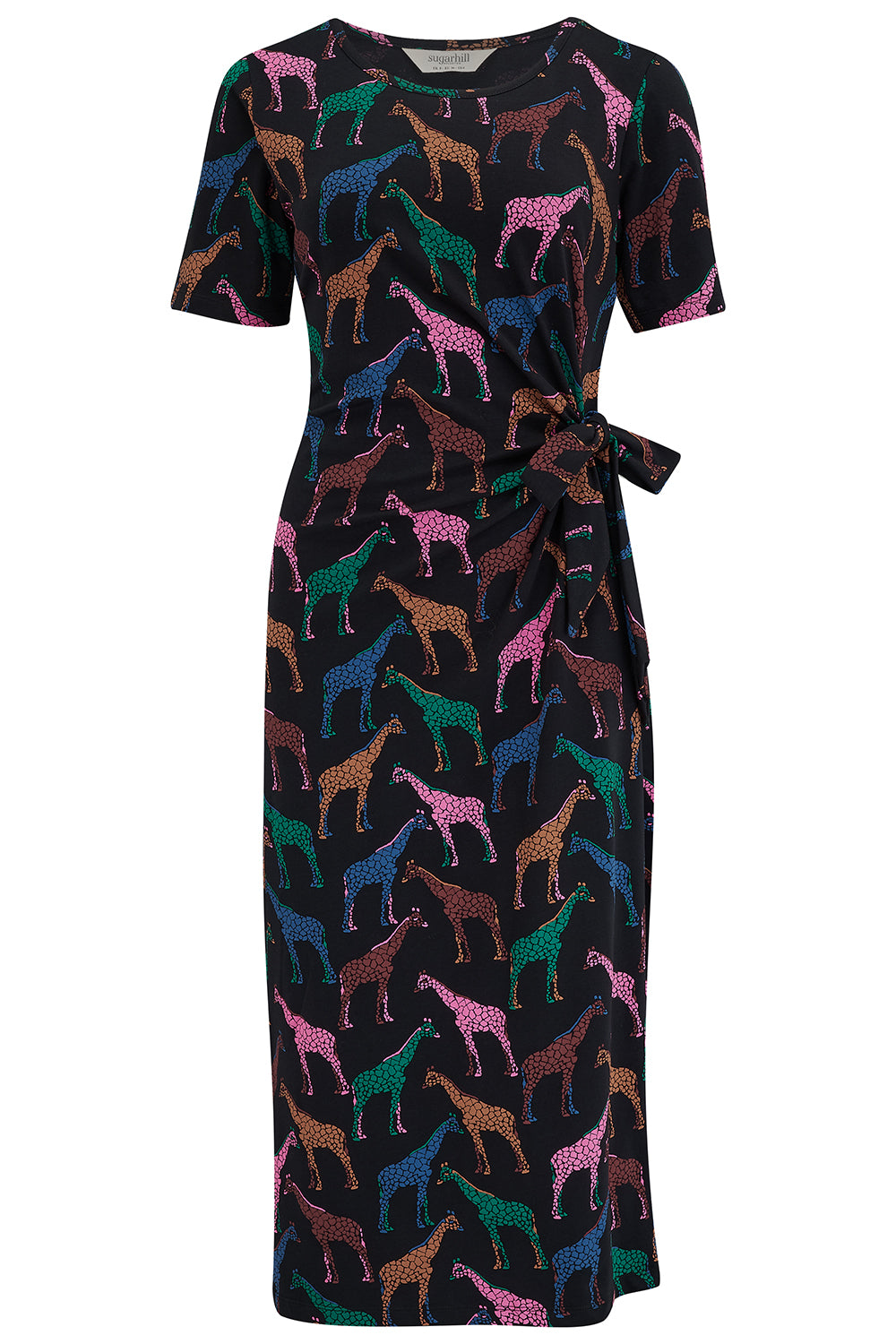A midi jersey dress with a giraffe print in multiple colors on a black base.