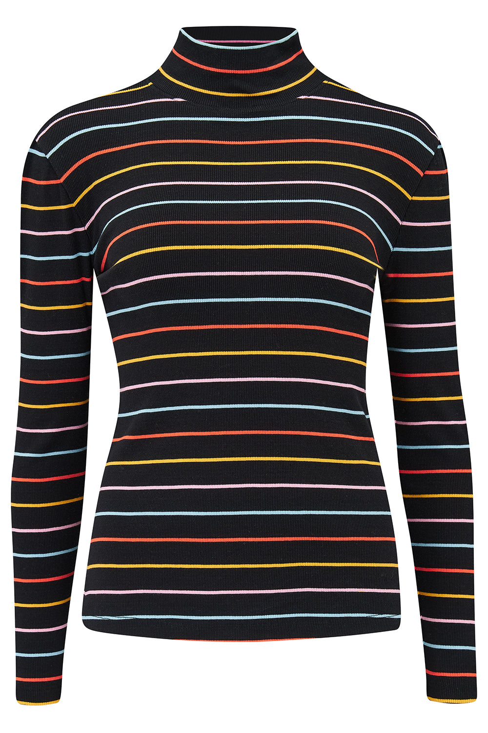 Multicoloured striped turtleneck sweater on a white background