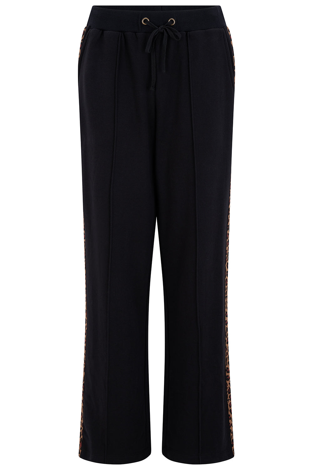 Black pants with drawstring waist on a white background