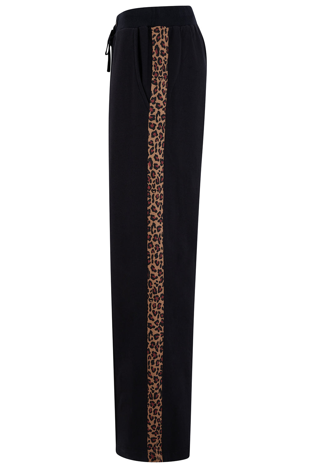 Black pants with a leopard print stripe on a white background