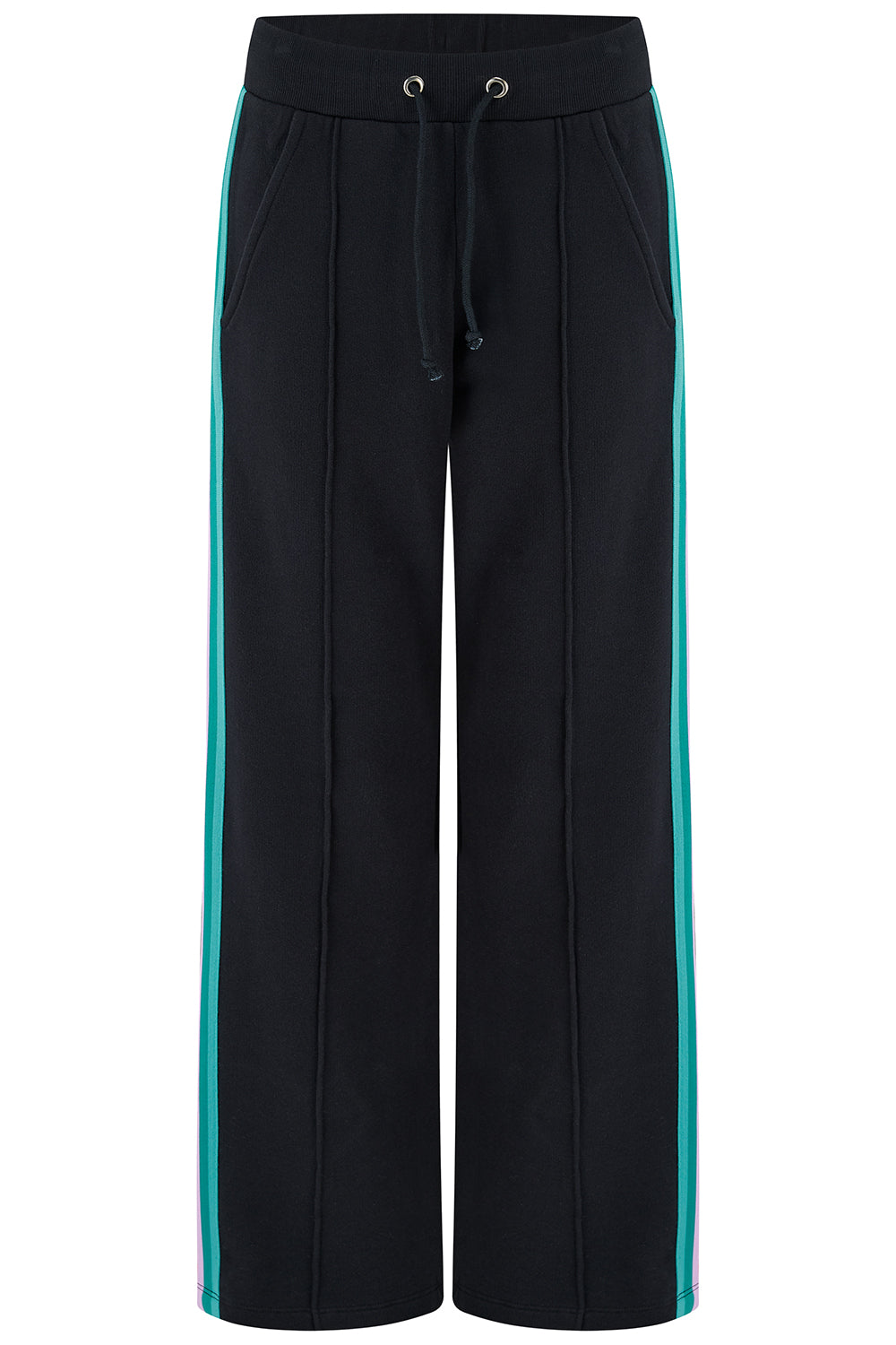 Black pants with colorful stripes on a white background