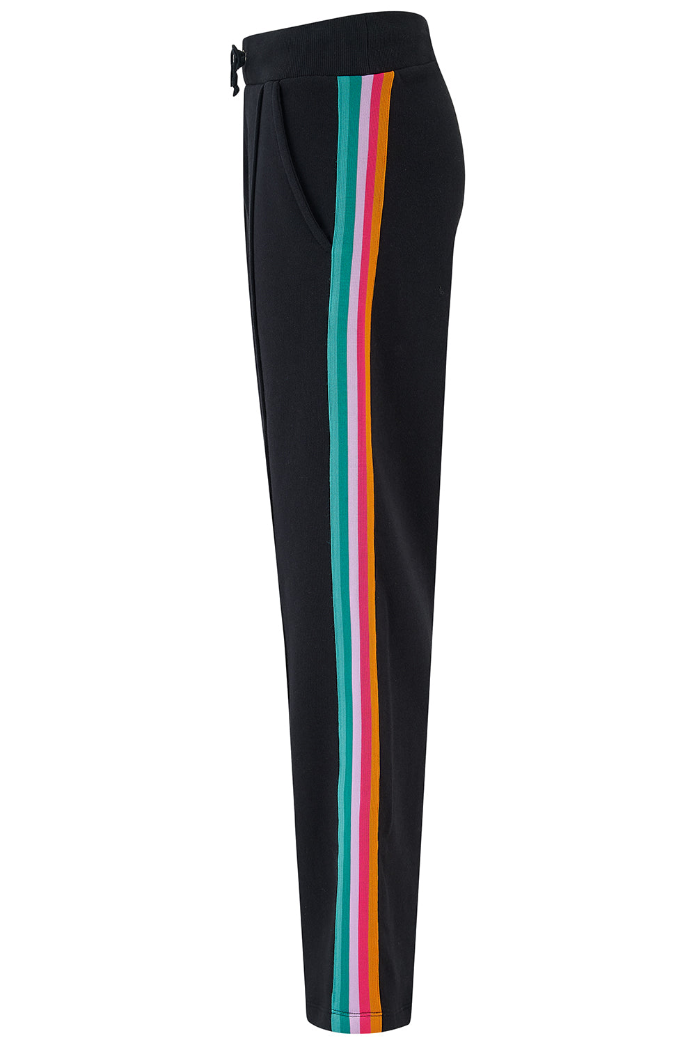 Black pants with colorful stripes on a white background