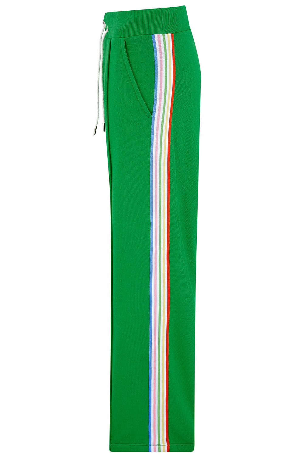 Green pants with colorful side stripes on a white background