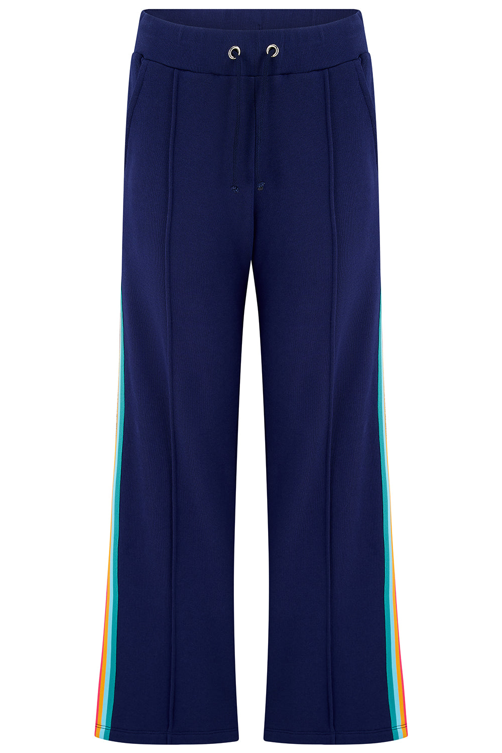 Navy blue pants with colorful side stripes on a white background