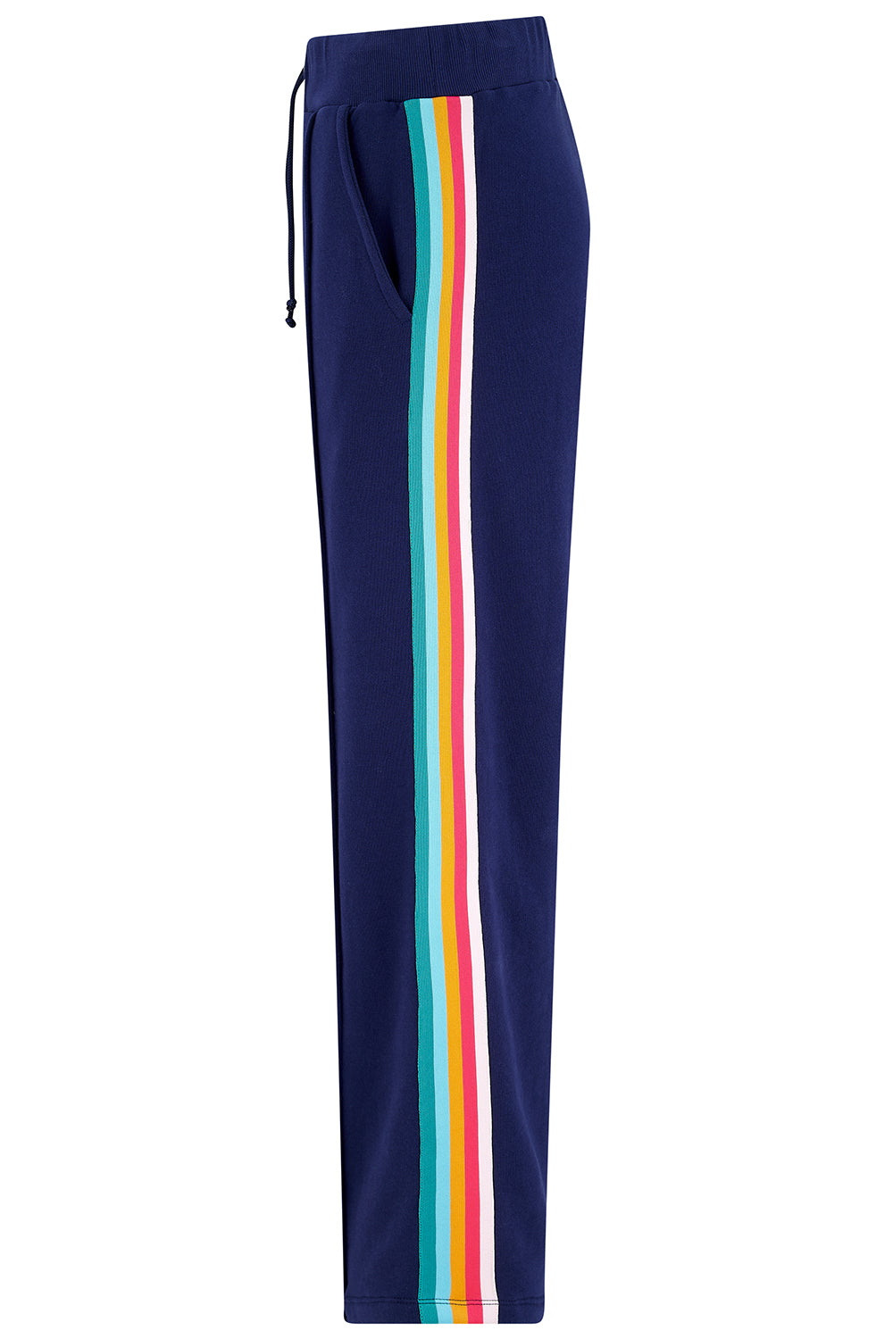 Navy blue pants with rainbow stripes on a white background