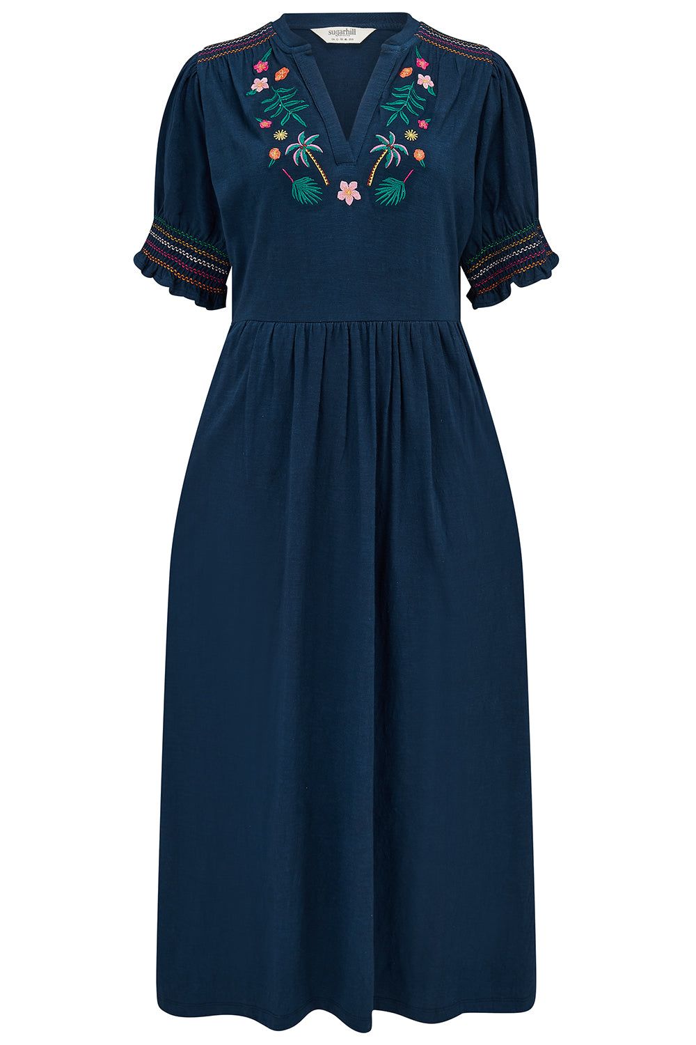 Navy blue dress with floral embroidery on a white background