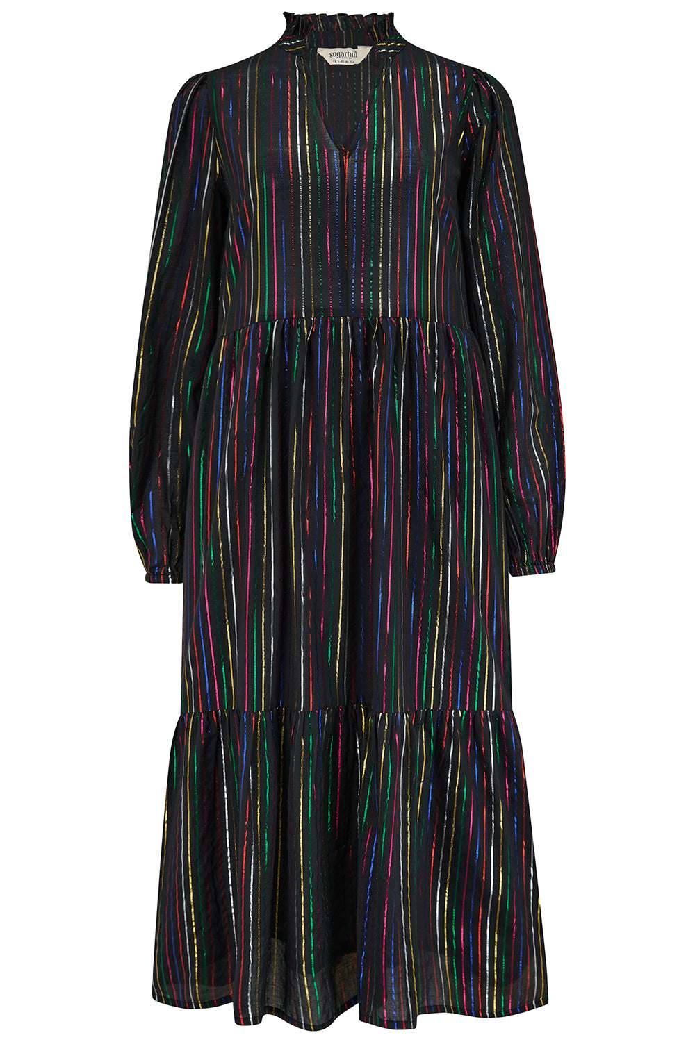 A midi smock dress with black metallic rainbow stripes and a V-neck collar, paired with ankle boots.