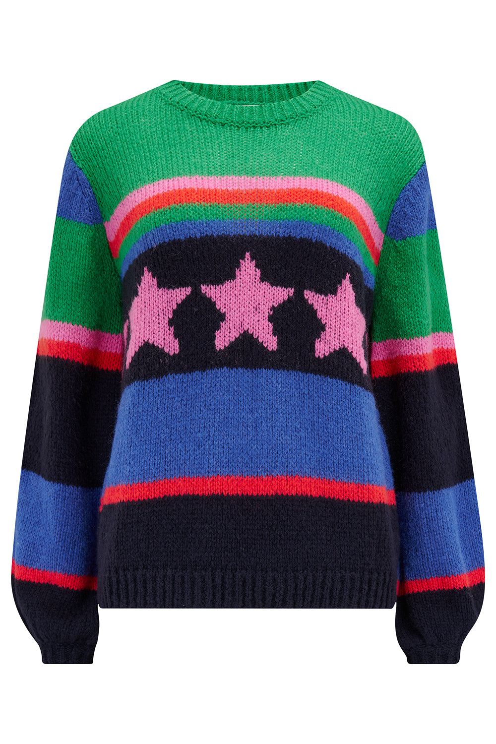 A woman wearing a colorful striped sweater with a pattern of stars.