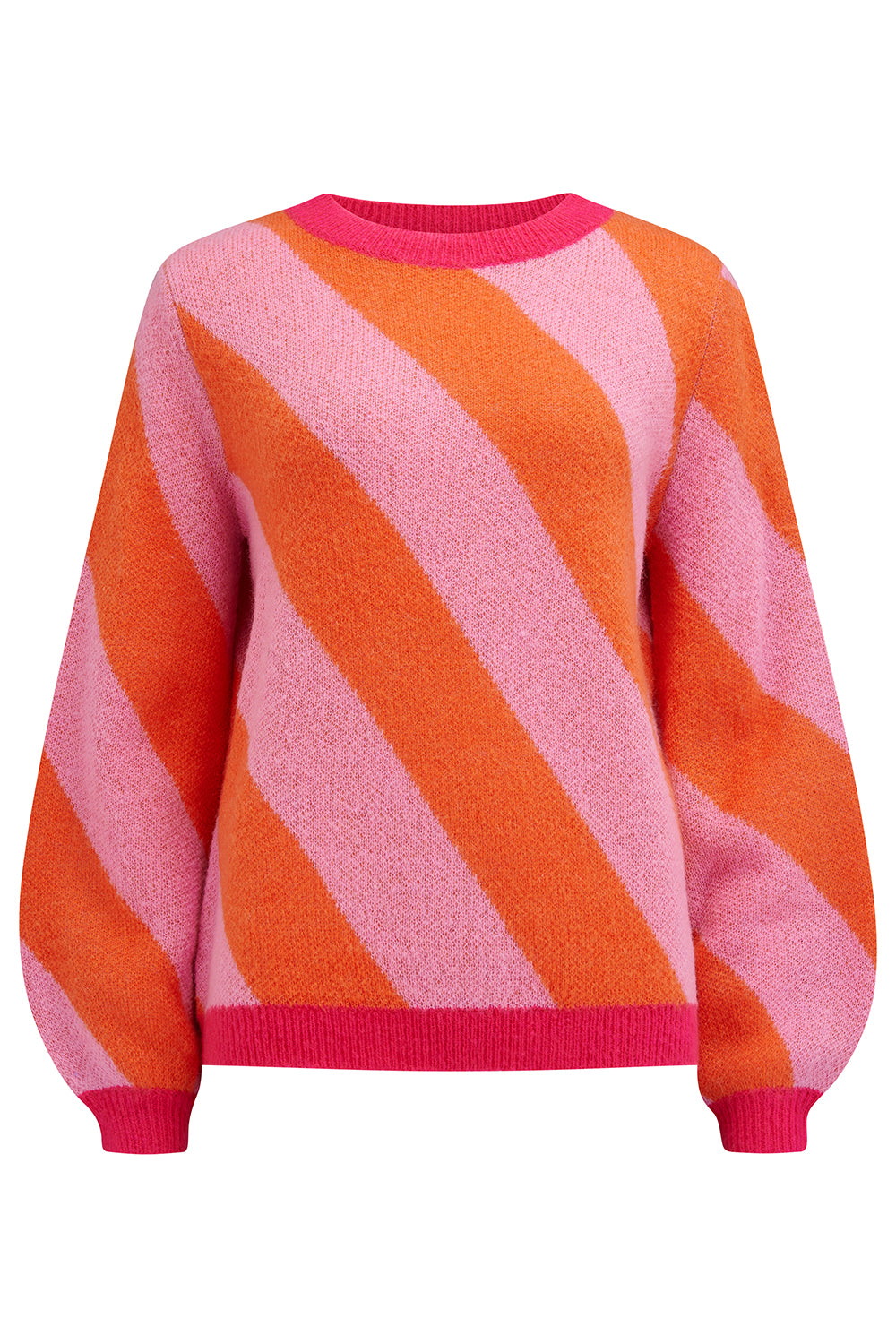 A pink and orange diagonal striped jumper with a round neckline and long sleeves.