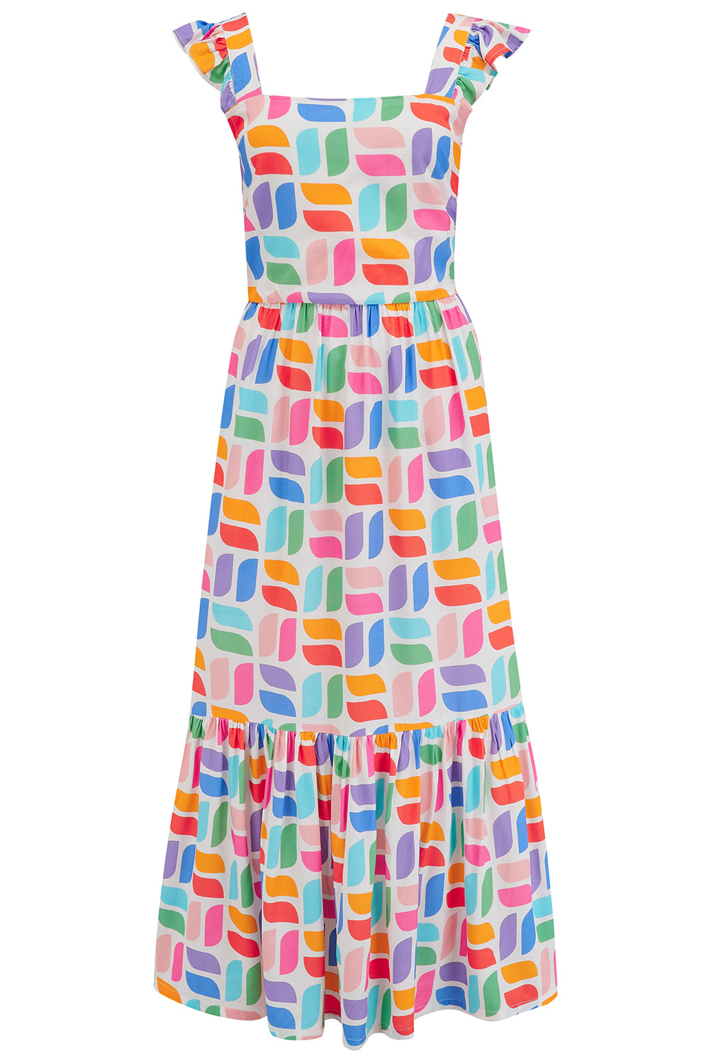 A midi sundress with a colorful, curved geometric pattern, featuring a sleeveless design and a knee-length skirt.