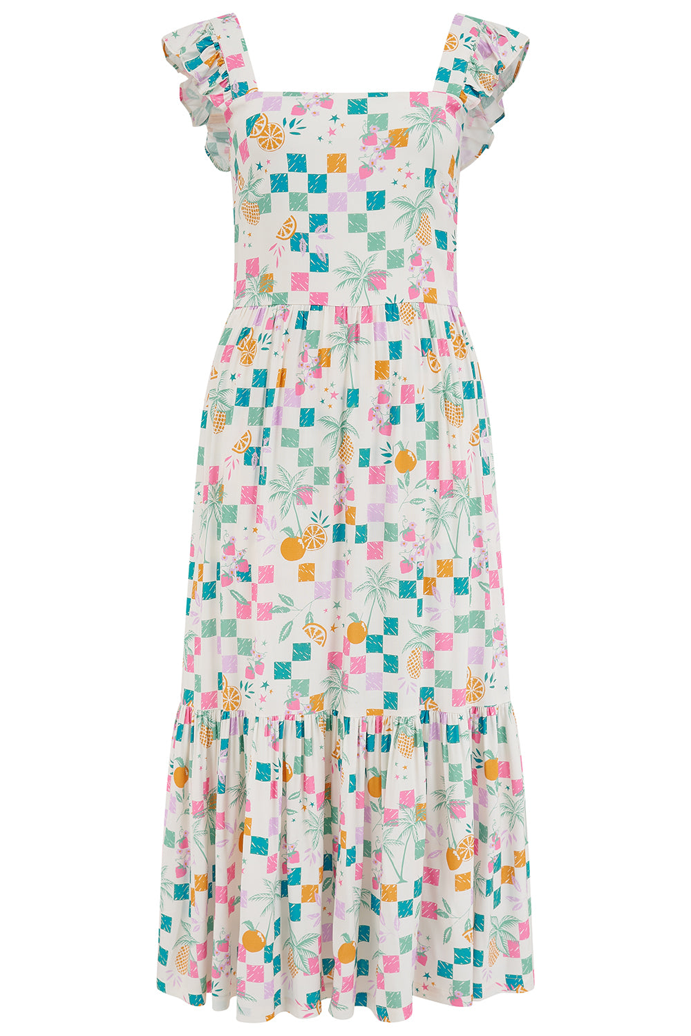 Long floral dress with colorful pattern on a white background