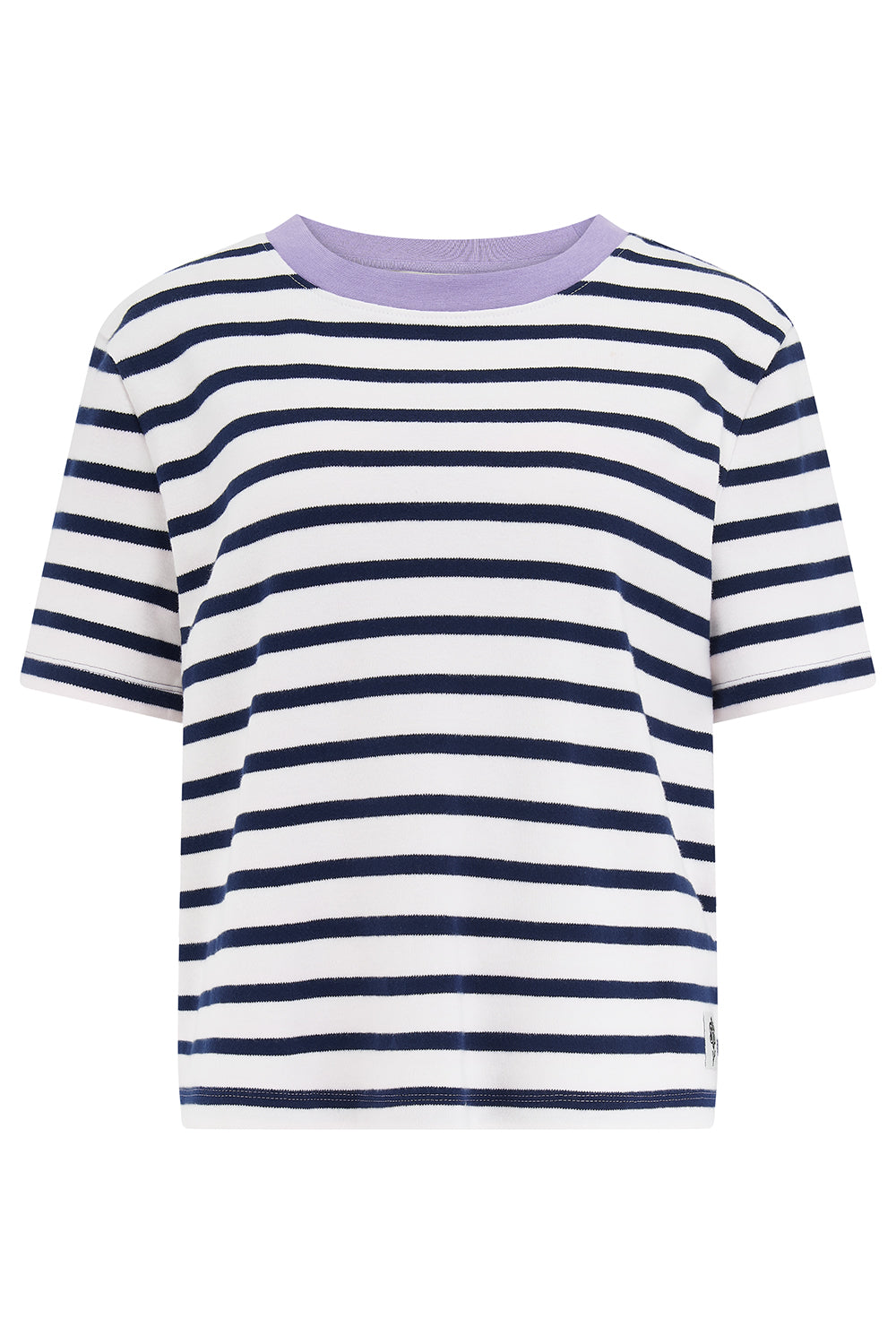 Navy and white striped t-shirt with a purple collar on a white background