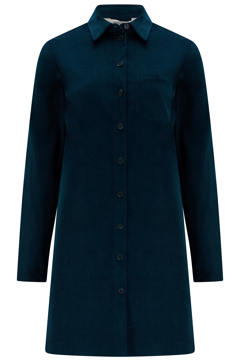 A dark teal long-sleeve button-up shirt dress with a pointed collar and a chest pocket, shown against a plain white background.