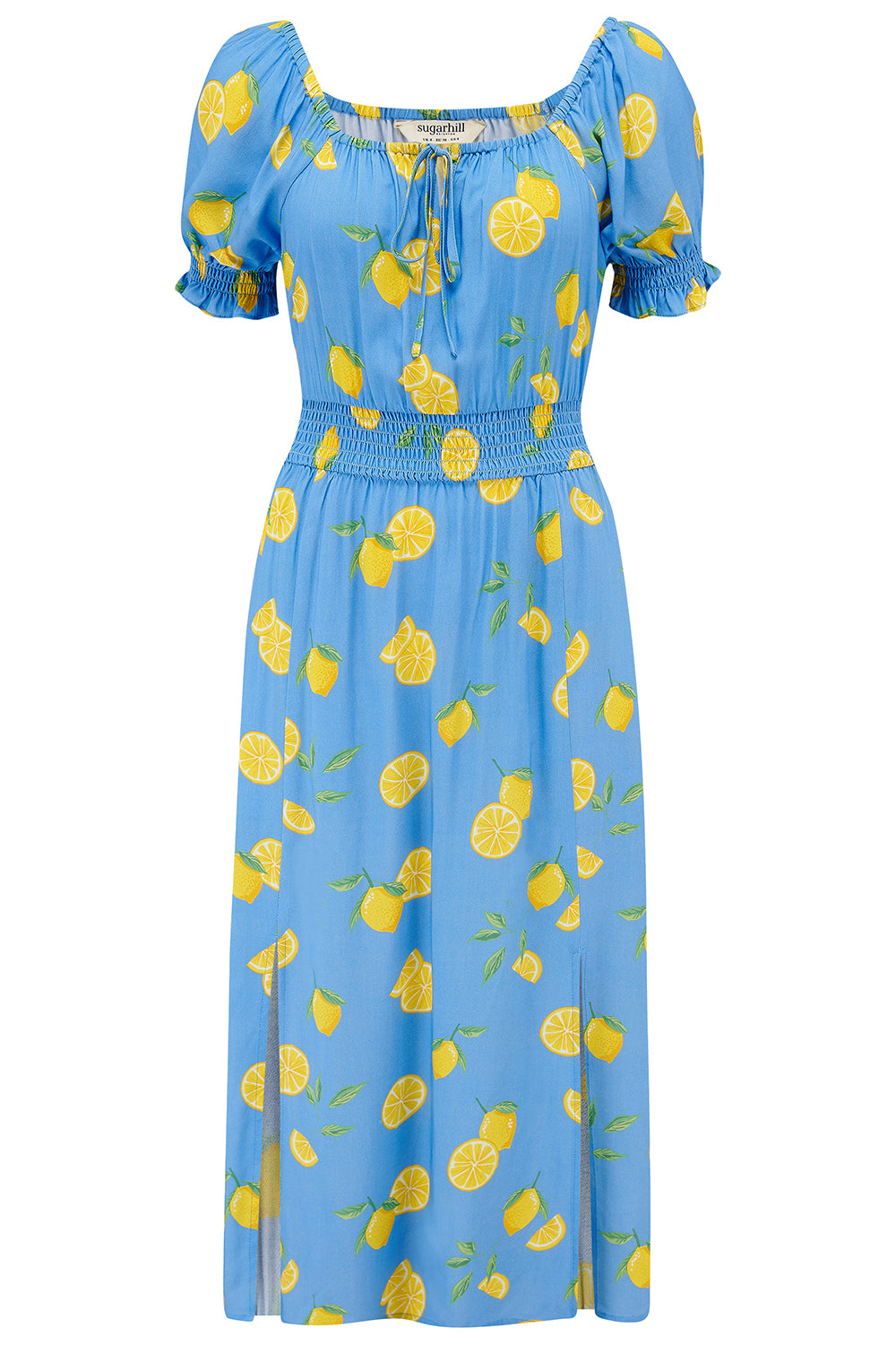 A midi dress with an off-the-shoulder neckline, featuring a blue color with yellow lemon print. The dress has frill-cuffed short sleeves and two front splits in the skirt.