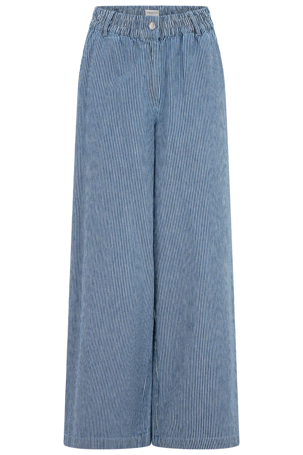 Blue striped wide-leg pants on a white background