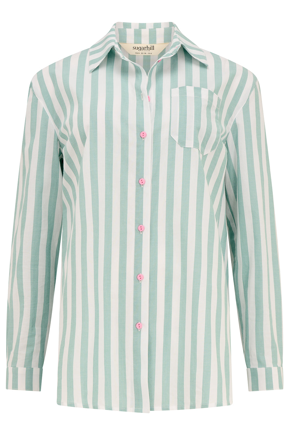 Striped shirt with pink buttons on a white background