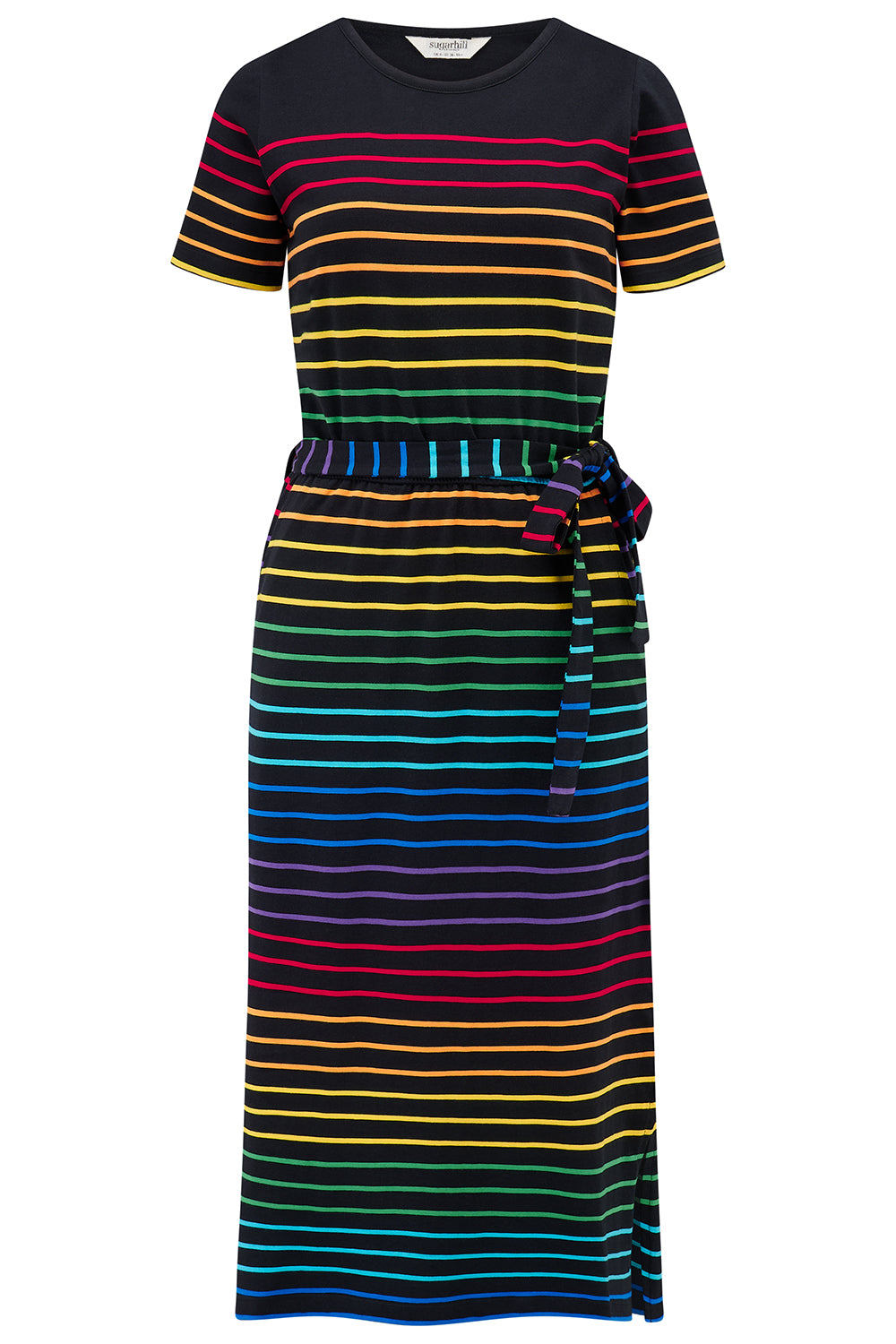 A midi-length jersey dress with a black background featuring a vibrant multicolour striped pattern. The dress has a t-shirt fit with a matching tie belt and short sleeves.