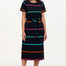 A model wearing a midi-length black dress with vibrant colored stripes, featuring a matching tie belt and short sleeves.
