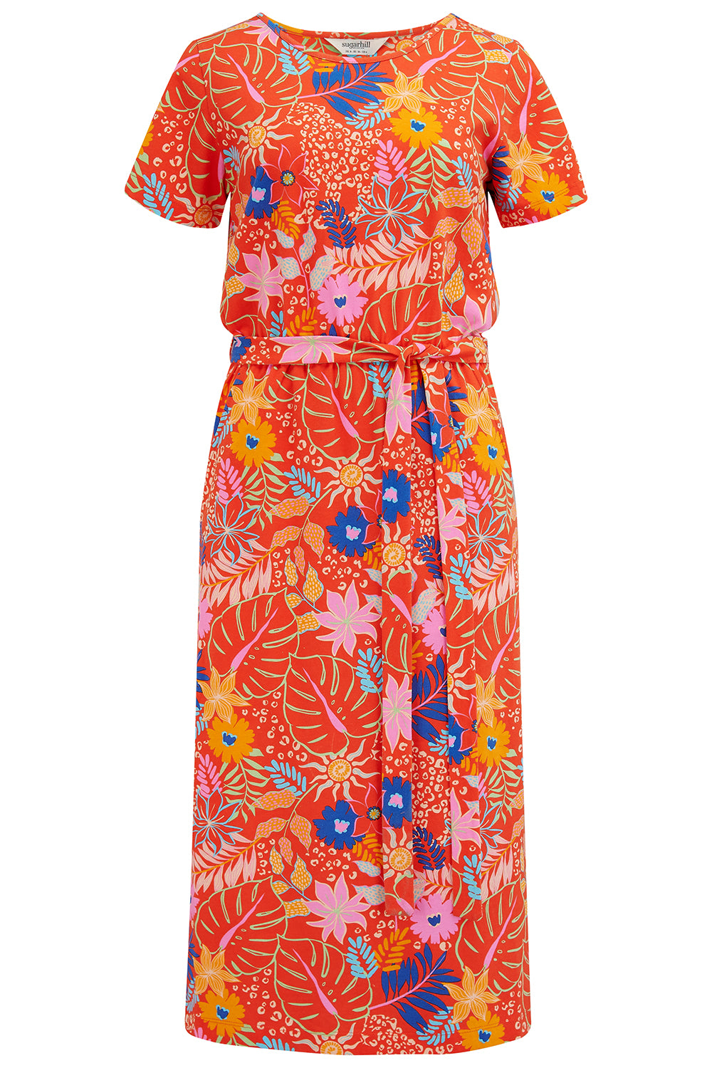 A red jersey mini dress with a painted jungle print, featuring a t-shirt fit upper, a matching tie belt, and handy pockets.