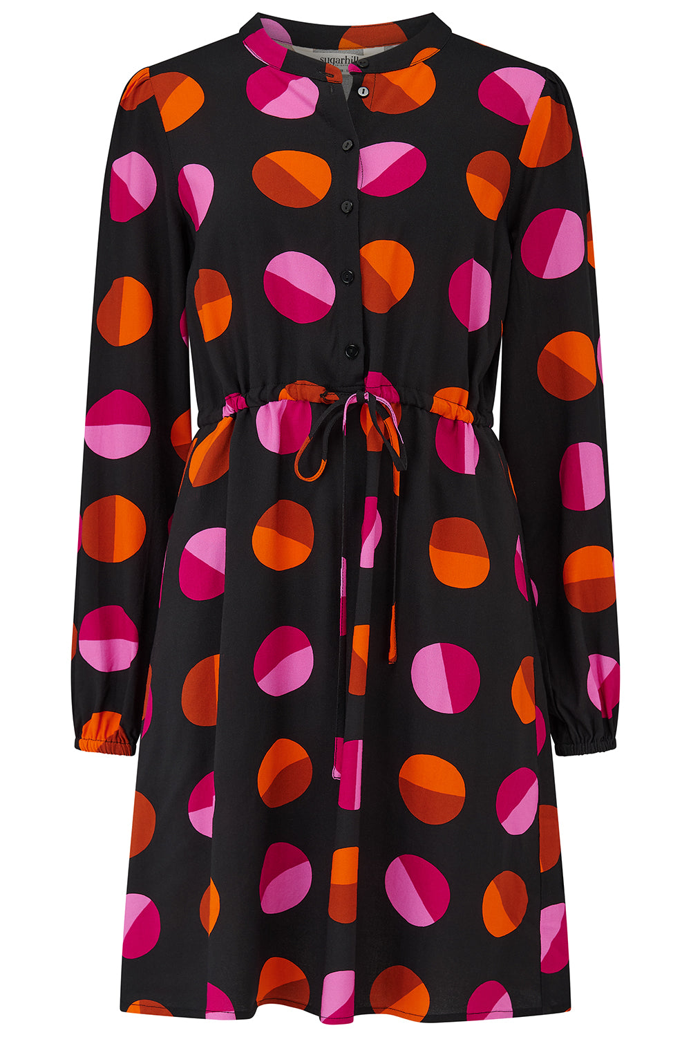 Black dress with colorful polka dot pattern on a plain background
