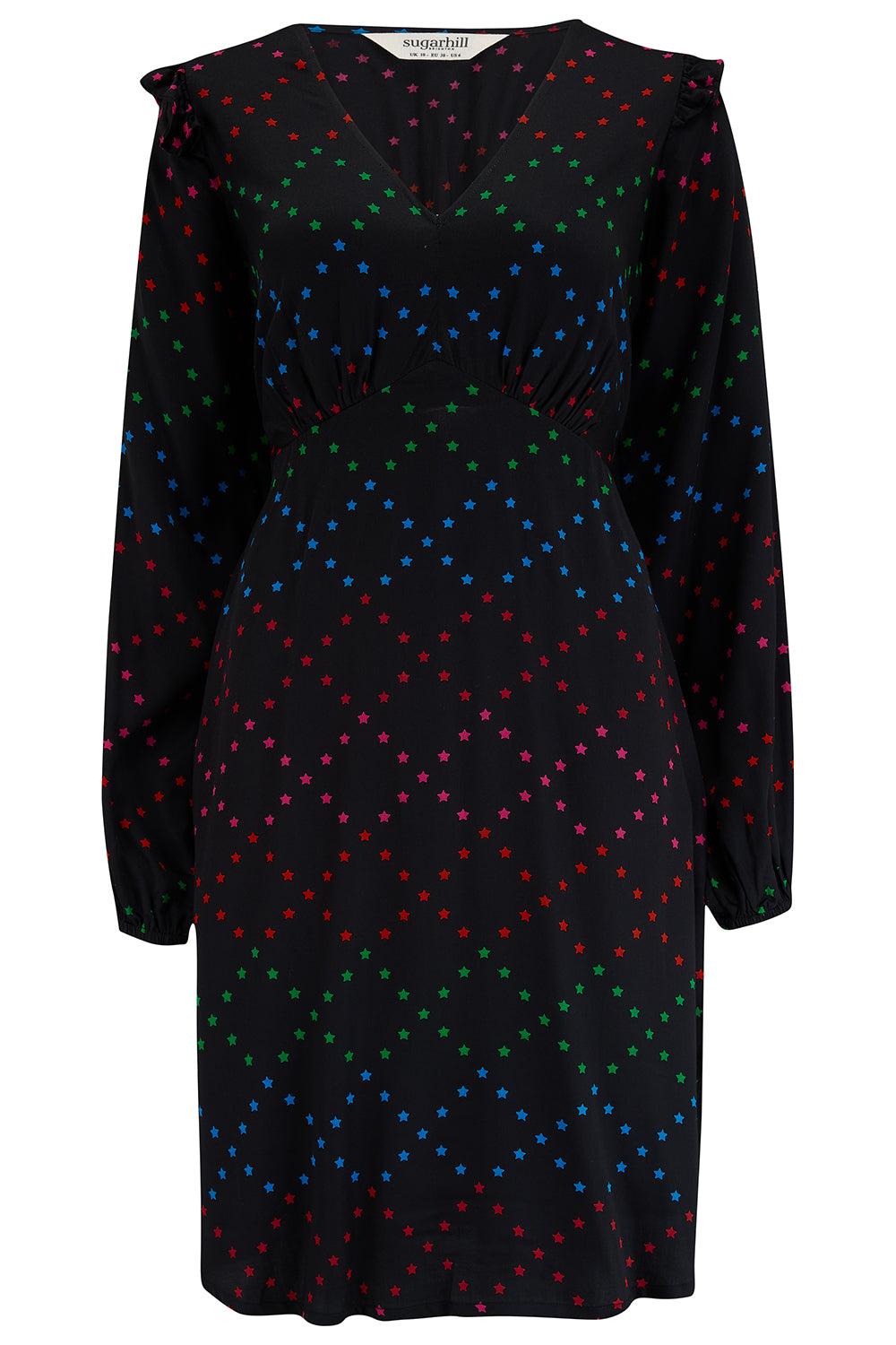 A black dress with colorful polka dots.