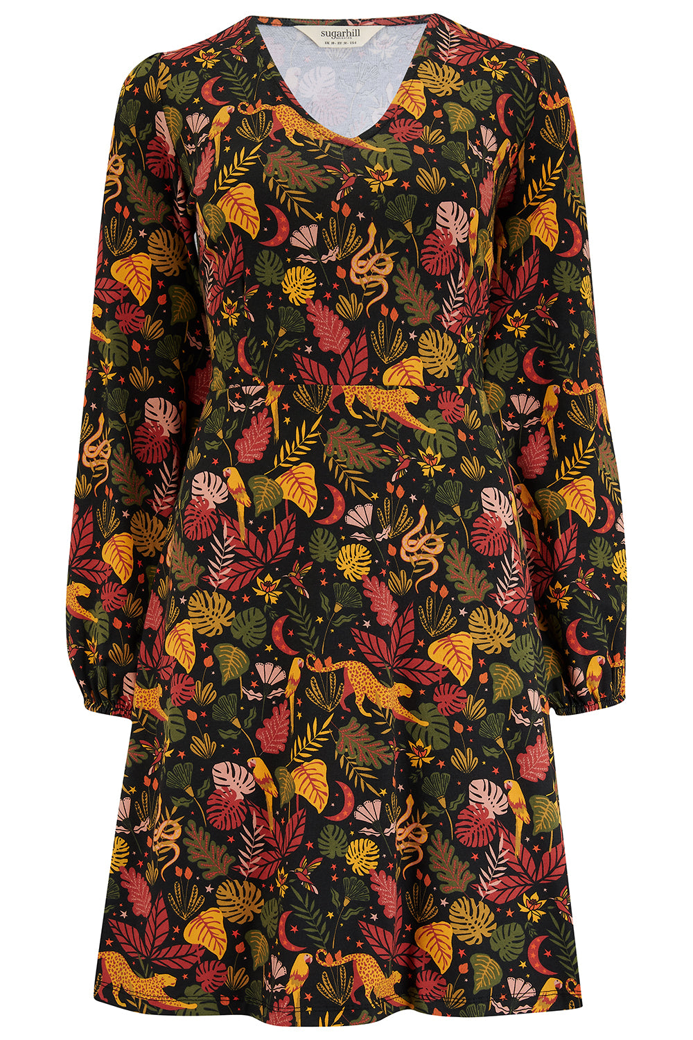 A black, earth toned mini jersey dress with long sleeves and a gathered design.