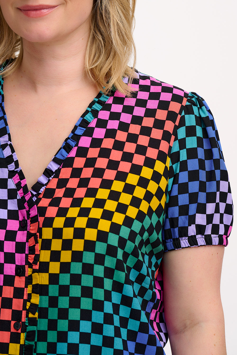 Freesia Frill Blouse - Black/Multi, Rainbow Checkerboard