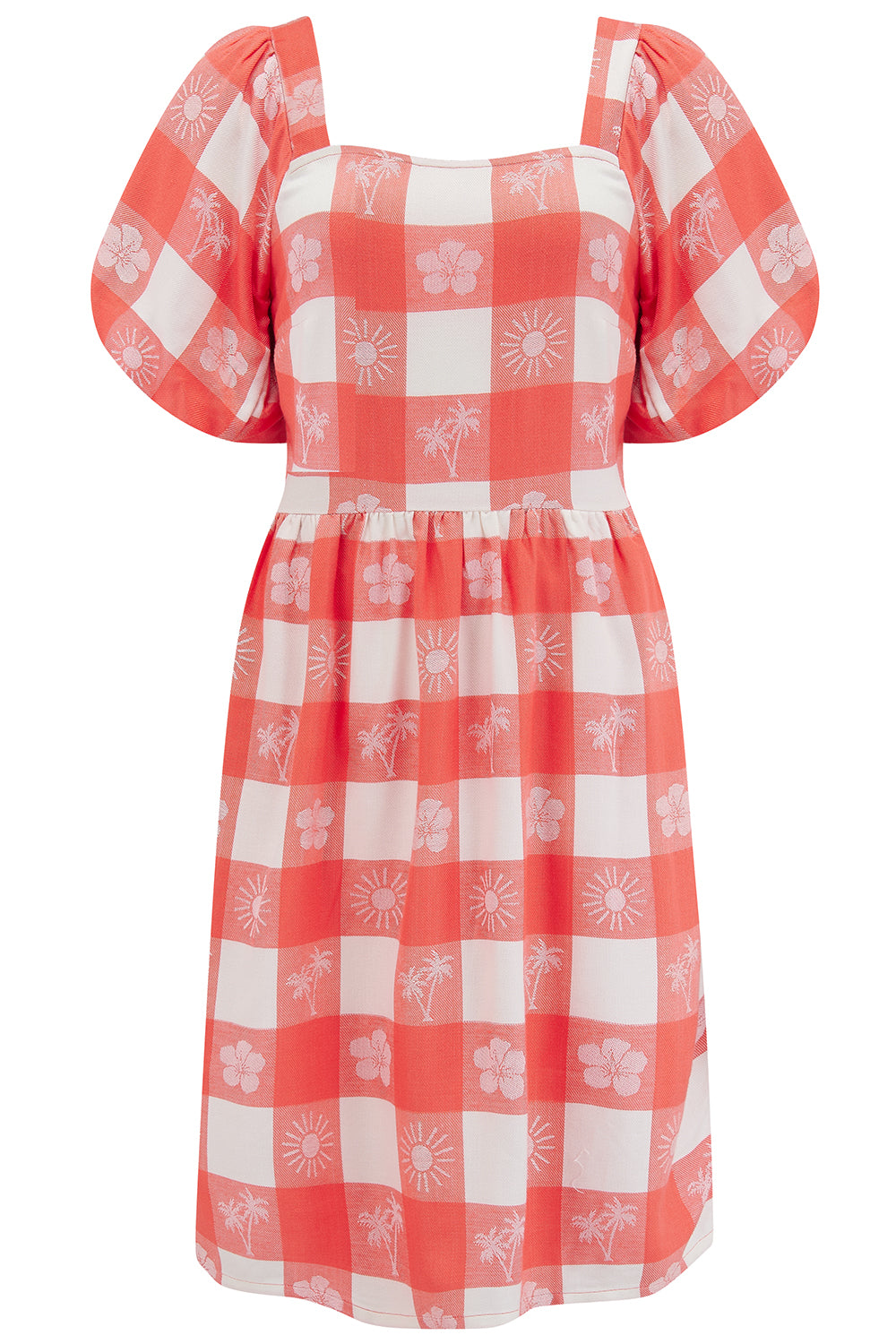A mini dress with a checkered pattern, featuring off-white and coral colors. The dress has short sleeves and a knee-length cut.