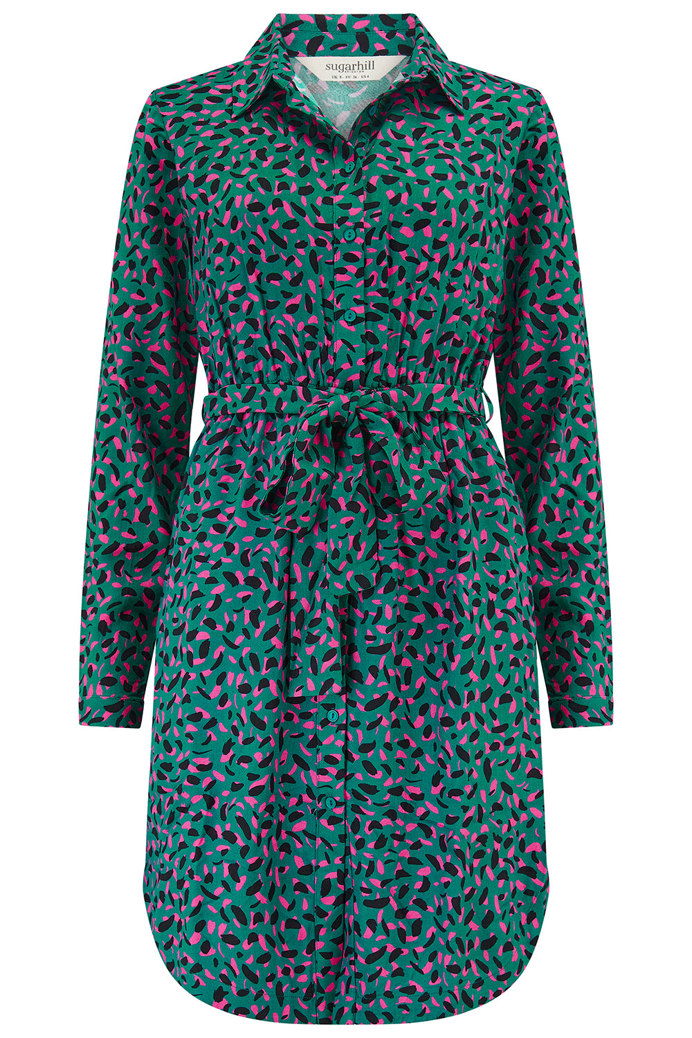 Green and pink patterned dress on a white background